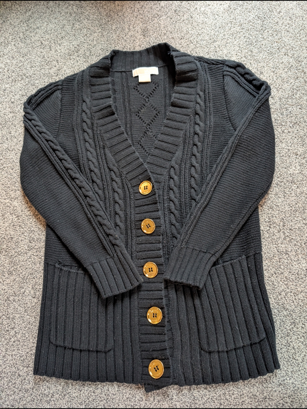 MICHAEL Michael Kors Black Cable-Knit Button Cardigan with Wood-Tone Buttons
